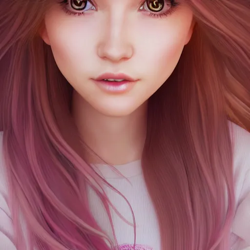 Image similar to beautiful intricate photograph of nikki from shining nikki dress - up game, a cute young woman, light pink hair, long hair with full bangs, full heart - shaped face, amber eye color, pale skin, light blush, chinese heritage,, smiling softly,, golden hour, soft focus, 8 k, hyperrealism, hyperdetailed