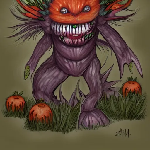 Image similar to A fierce plant monster with orange eyes and a vicious smile, trending on art station