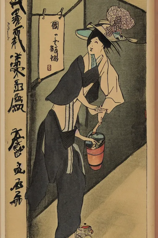 Prompt: photo of a witch, young woman, preparing potion, high heels, japanese kimono