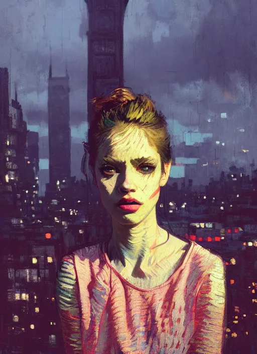 Image similar to portrait of a beautiful girl, new york backdrop, sad, sunset shades, beautiful face, rule of thirds, intricate outfit, spotlight, by greg rutkowski, by jeremy mann, by francoise nielly, by van gogh, digital painting