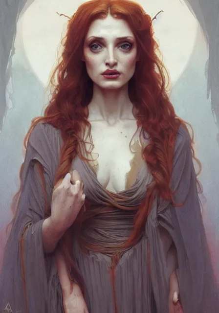 Prompt: sansa angeline jolie gessica chastain creepy mummy, intricate, elegant, highly detailed, digital painting, artstation, concept art, smooth, sharp focus, illustration, art by artgerm and greg rutkowski and alphonse mucha and william - adolphe bouguereau