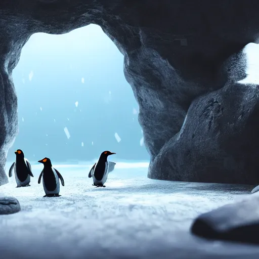 Prompt: lonely penguin playing in a cave, abandoned by its herd, cinematic lighting, 4k painting