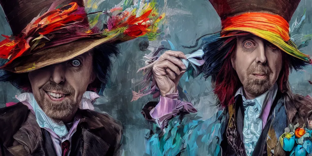 Image similar to tom petty as the mad hatter portrait, colorful, contrast, kim jung gi, greg rutkowski, zabrocki, karlkka, jayison devadas, trending on artstation, 8 k, ultra wide angle, zenith view, pincushion lens effect