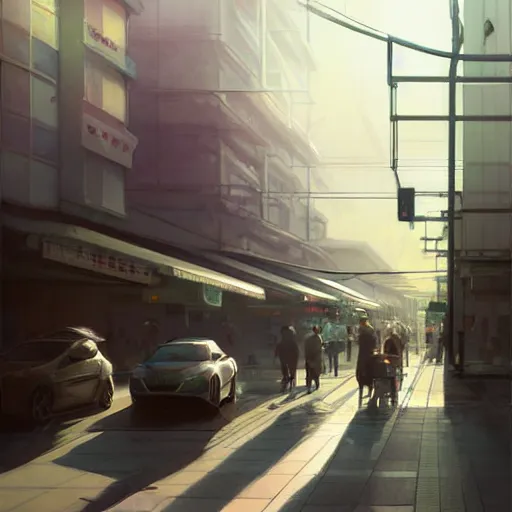 Prompt: i walked through streets around jr tachikawa and tama monorail stations, volumetric lighting, spring early morning, dew, nice weather, realistic illustration, perfectly shaded, soft painting, art by krenz cushart and wenjun lin