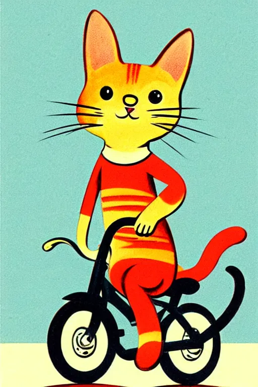 Prompt: a 1 9 5 0 s retro illustration. a cat riding a bike. by richard scarry. muted colors, detailed