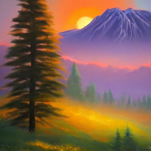 Image similar to beautiful mountain and trees, oil painting, concept art, sunrise,