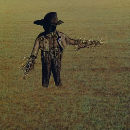 Image similar to a scarecrow in a field in the style of andrew wyeth