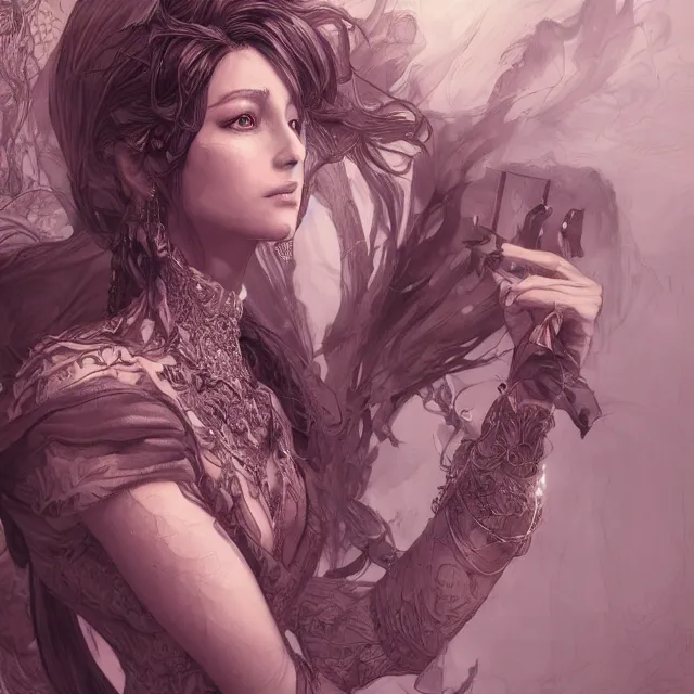 Image similar to the portrait of the lawful evil sorceress lawyer as an absurdly beautiful, graceful, elegant, sophisticated, woman, an ultrafine hyperdetailed illustration by kim jung gi, irakli nadar, intricate linework, bright colors, octopath traveler, final fantasy, unreal engine 5 highly rendered, global illumination, radiant light, detailed and intricate environment