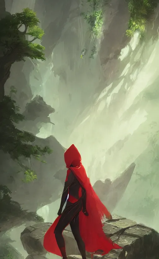 Prompt: a beautiful illustration of a woman with red hood walking between rocks, by greg rutkowski, digital artwork, artstation, cgartists, conceptartworld, deviantart, magic the gathering artstyle, floating magical rocks, lush green meadow