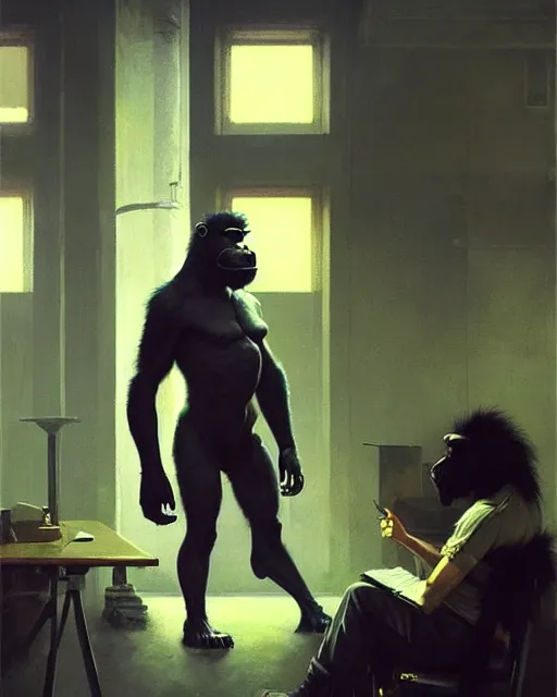 Image similar to cyberpunk gorilla at the computer. sci - fi art by greg rutkowski, gustave courbet, rosa bonheur, edward hopper. faithfully depicted facial expression, perfect anatomy, sharp focus, global illumination, radiant light, detailed and intricate environment, trending on artstation