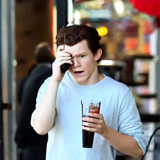 Prompt: tom holland trying to order on phone a drink