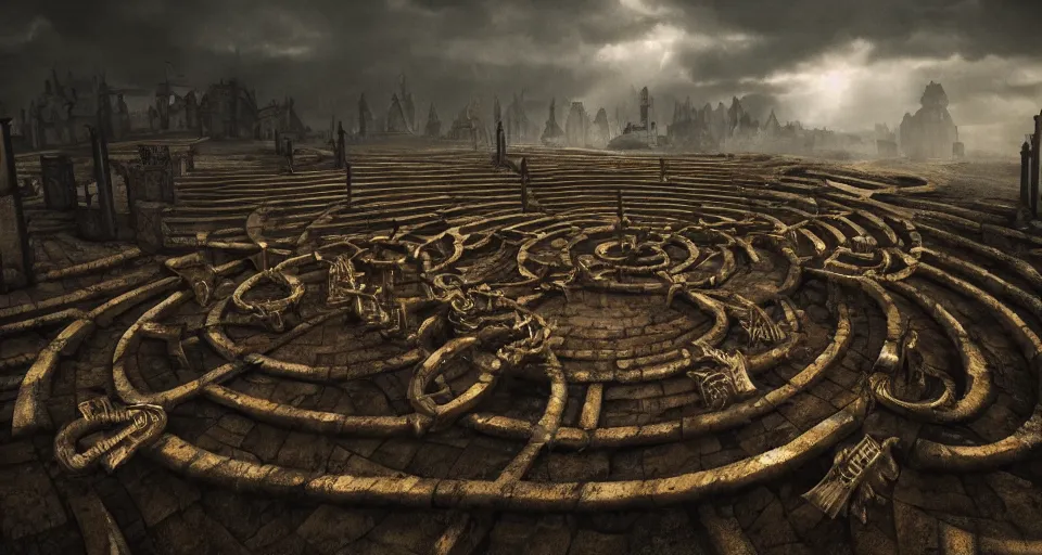 Image similar to circular labyrinth made out of bones, art deco medieval style, grimdark vibes, golden skeleton statue in center of labyrinth, abandoned vibes, gloomy moody clouds, god sun rays, complimentary color scheme, G liulian Art style, dynamic lighting, highly detailed, cinematic landscape, octane render, unreal engine