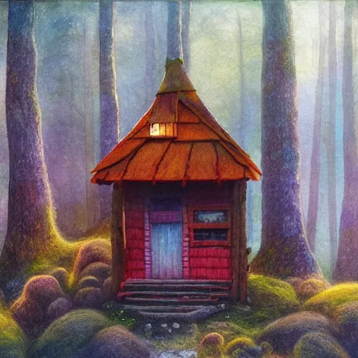 Image similar to small wooden house in the middle of enchanted forest, bright colours, watercolor, volumetric wool felting, macro photography, children illustration, by christophe vacher