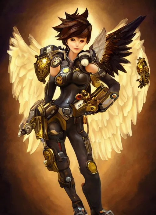 Image similar to full body oil painting of tracer overwatch in the style of sophie anderson, angel wings, angelic golden armor, dramatic painting, symmetrical composition, ornate, high detail, gold detailed collar, blooming, lights, flowers, detailed face,