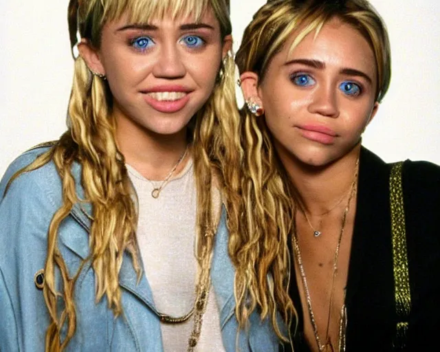 Image similar to miley cyrus as mary kate and ashley olsen in two of a kind, 2001, cdx