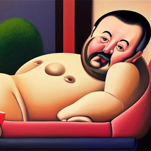 Image similar to Fernando Botero painting of Ricky Gervais relaxing and smoking weed, high definition art, extremely detailed