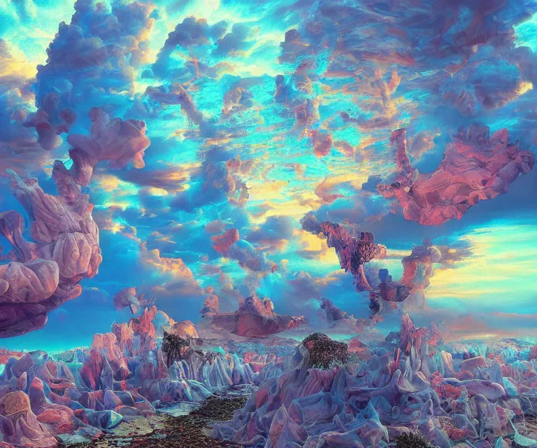 Prompt: surrealism painting by mario martinez, part by tokio aoyama, ultra realistic, highly detailed, hypermaximalist, pastel colors, epic, masterpiece, dramatic lighting, fractals, 8 k, depth of field