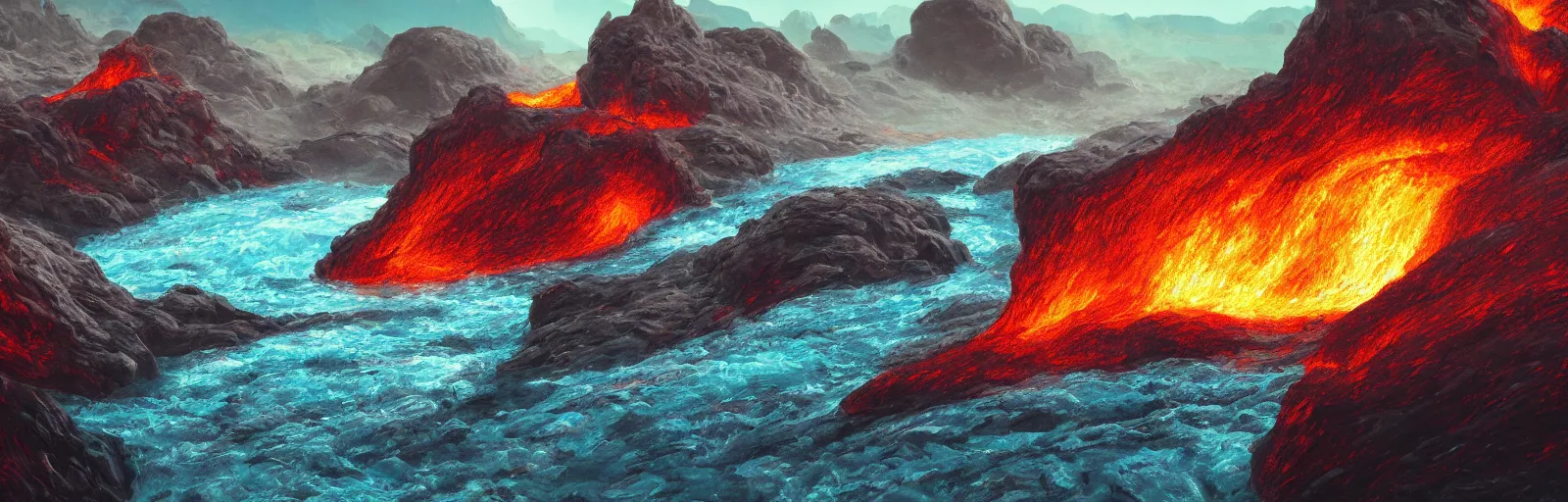 Prompt: painting of lava river scene on an alien planet by vincent bons. ultra sharp high quality digital render. detailed. beautiful landscape. weird vegetation. water.