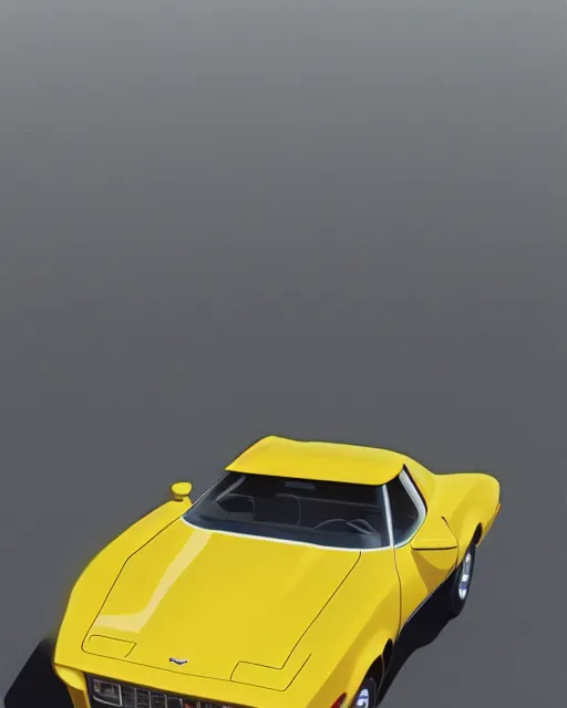 Image similar to photorealistic art of a yellow 1979 stingray corvette, dynamic lighting, space atmosphere, hyperrealism, stunning visuals