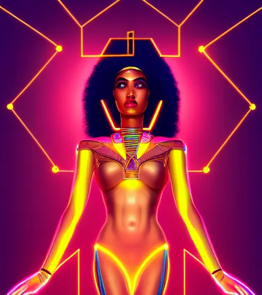 Image similar to symmetry!! egyptian princess of technology, solid cube of light, hard edges, product render retro - futuristic poster scifi, lasers and neon circuits, brown skin gorgeous egyptian princess, intricate, elegant, highly detailed, digital painting, artstation, concept art, smooth, sharp focus, illustration, dreamlike, art by artgerm