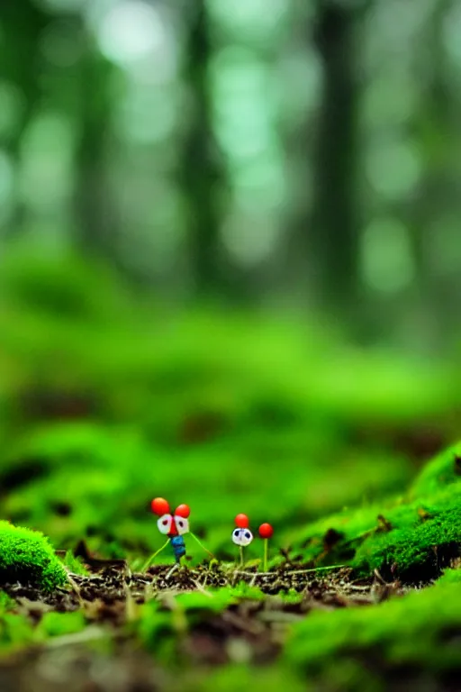 Image similar to pikmin on a mossy forest floor, tilt shift photography