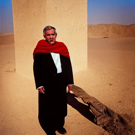 Image similar to portrait of president george w. bush as afghan man, green eyes and red scarf looking intently, photograph by steve mccurry