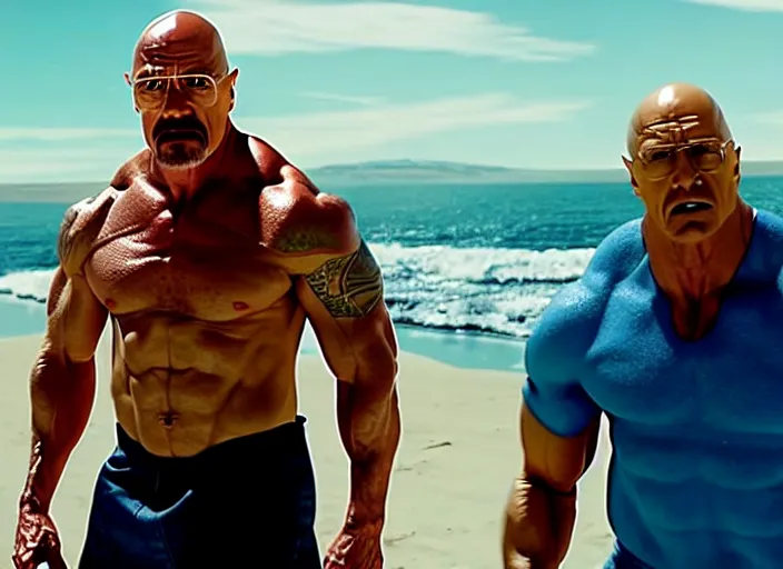 Prompt: film still of walter white as dwayne johnson in baywatch movie 2 0 1 7, 8 k