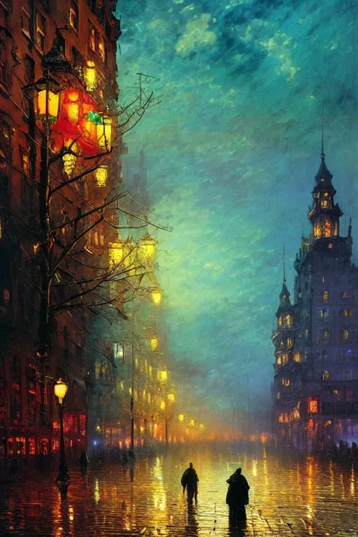 Prompt: the mad king in disguise, walking through the crowded streets of the city of blood and prisms, night skies, dramatic light, hyperrealistic, colorful skies, digital art, vray, mythical, john atkinson grimshaw, ivan aivazovsky, leonid afremov
