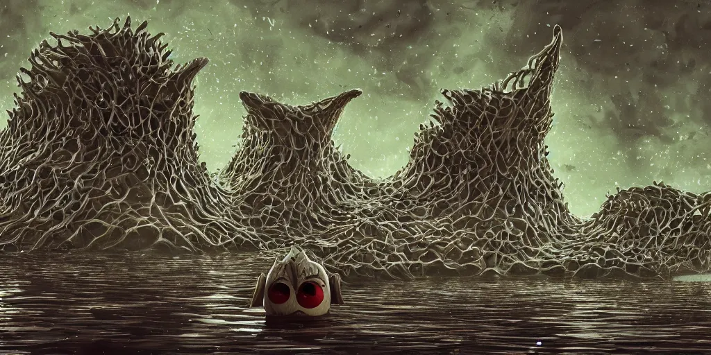 Image similar to of an intricate muddy lake water with strange cute friendly happy creatures with huge eyes, long tongue, round teeth and goofy funny face, appearing from the background, in the style of gehry and gaudi, macro lens, shallow depth of field, ultra detailed, digital painting, trending artstation, concept art, illustration, cinematic lighting, photorealism, epic, octane render