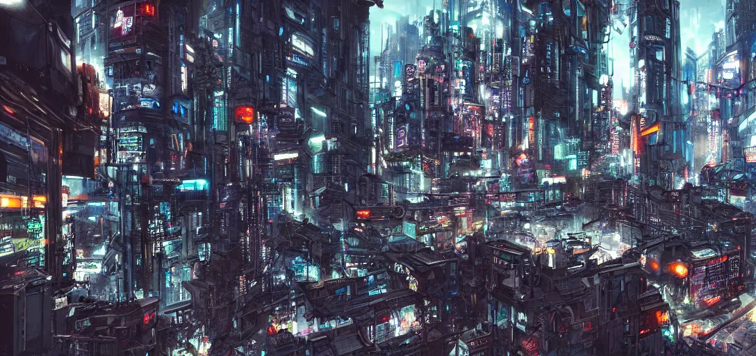 Image similar to upcycled city landscape, cyberpunk, cinematic shot, hyper realistic, hyper detailed