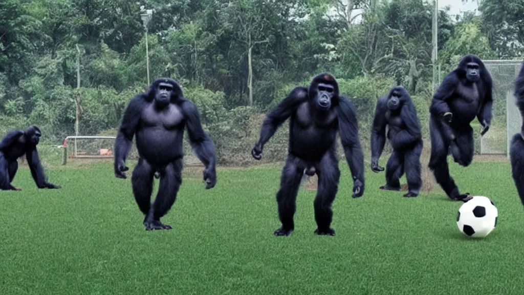 Prompt: gorillas using vr headset playing soccer, vivid