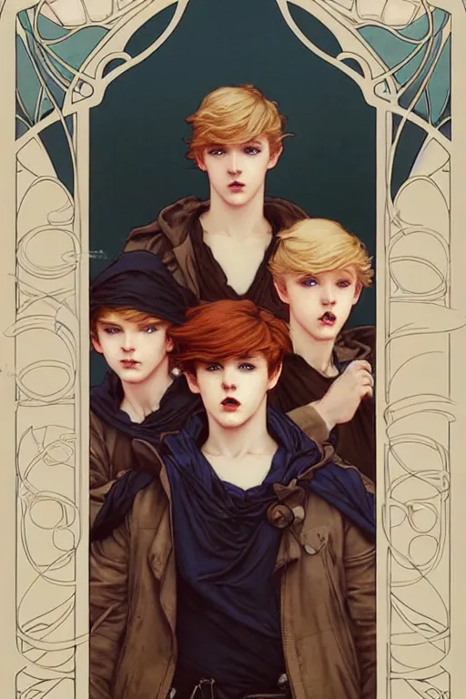 Prompt: cinematic portrait of 3 mischievous teen brothers!!, 3 teenage boys!! - blond boy, brunette boy and redhead boy by artgerm, cushart krenz, greg rutkowski, mucha. art nouveau. gloomhaven, 3 rowdy triplets!!, vibrant colors, sharp edges. ultra clear detailed. 8 k. elegant, intricate, octane render