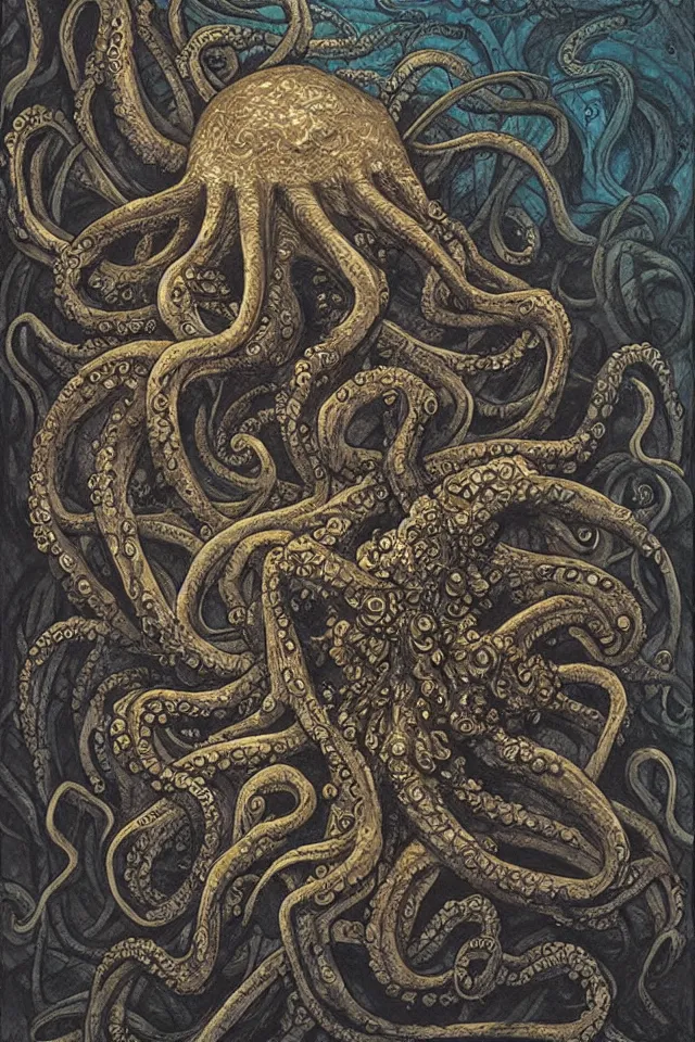 Image similar to alien octopus spider with kraken head, in a dark cave with glowing writing on the walls, contrasting colors, Dan Seagrave