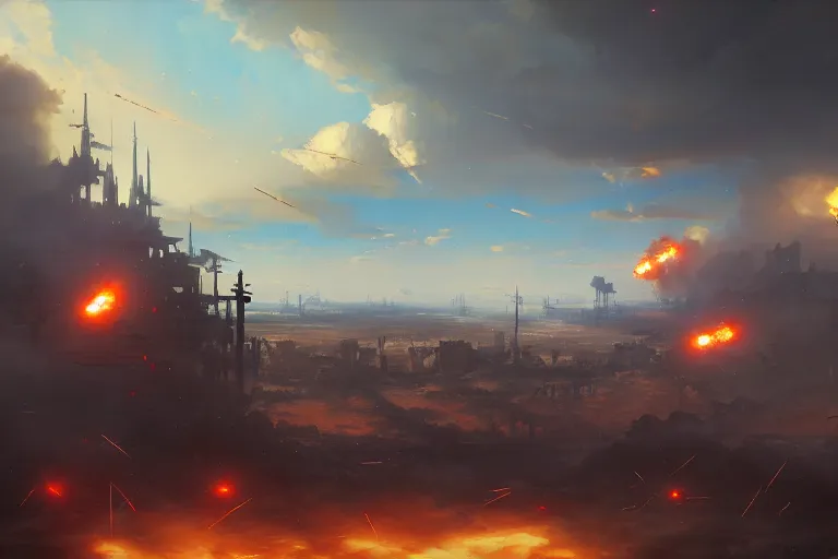 Prompt: baroque oil painting of anime key visual environment concept art of anime rail canon artillery firing at enemy lines, smoke debris, grimdark steampunk fantasy, battlefield, trending on artstation, brush strokes, oil on canvas, style of makoto shinkai and greg rutkowski and studio ghibli