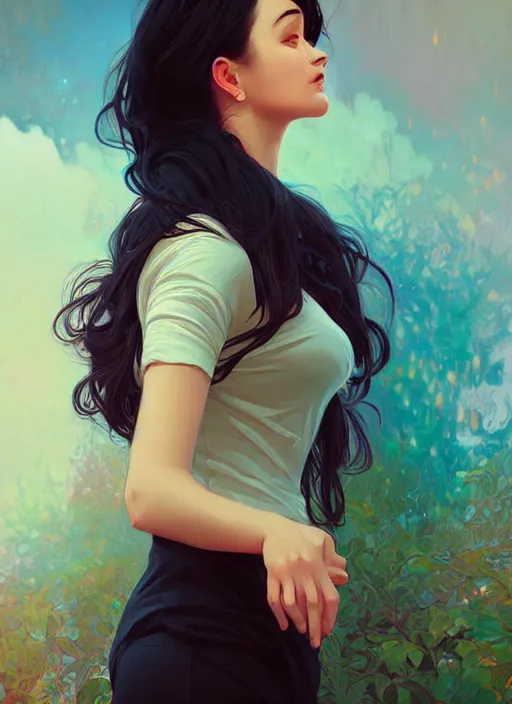 Prompt: handsome young women with shoulder length black hair, half body shot, path traced, highly detailed, high quality, digital painting, alena aenami, lilia alvarado, shinji aramaki, karol bak, alphonse mucha, tom bagshaw