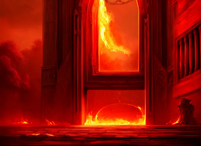 Prompt: huge gate, environment, illustration, fire, smoky, red, colors, epic scene, symmetrical, golden raito, high quality, intricate details, details, intricate, atmosphere, highly detailed, matte painting, cinematic, deviantart, realistic, concept art, 4 k