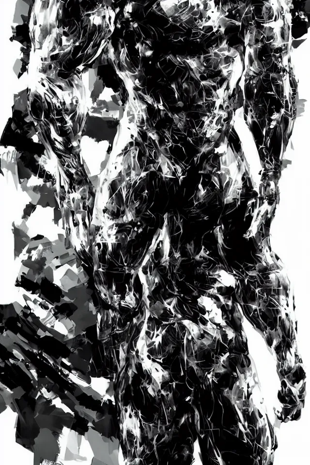 Image similar to a full - body portrait of cyborg donald trump, in yoji shinkawa's art style, metal gear solid art style, highly detailed, 4 k, artistic, white background, b & w