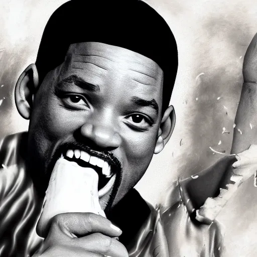 Image similar to Will Smith slapping a big banana, 8k, detailed face, extremly detailed, illustration, art, behance, sharp