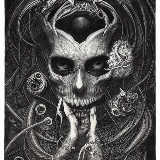 Image similar to malice, skulls, tendrils, dark atmosphere, greyscale, detailed linework, cinematic, psychedelic, black paper, ornate, symmetrical, tarot card, highly detailed, ink illustration, style of peter mohrbacher, golden ratio, 8k,