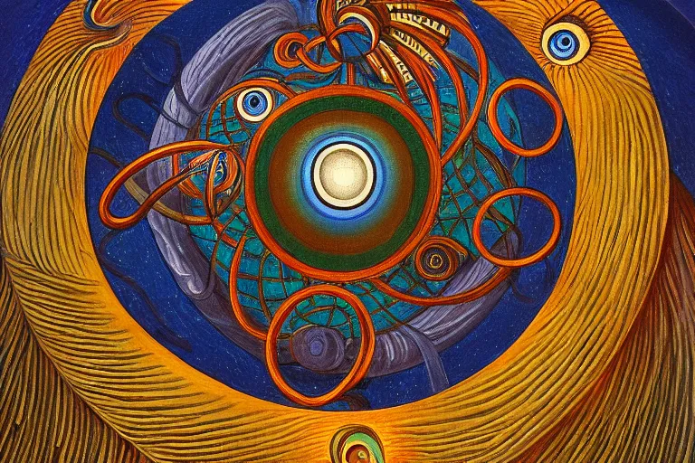 Image similar to painting of ophanim surrounded by large diagonally rotating rings, ophanim has bird wings, giant eyeball in the middle of the ophanim, by george clark stanton amazing details, mythological, biblical, beautiful composition