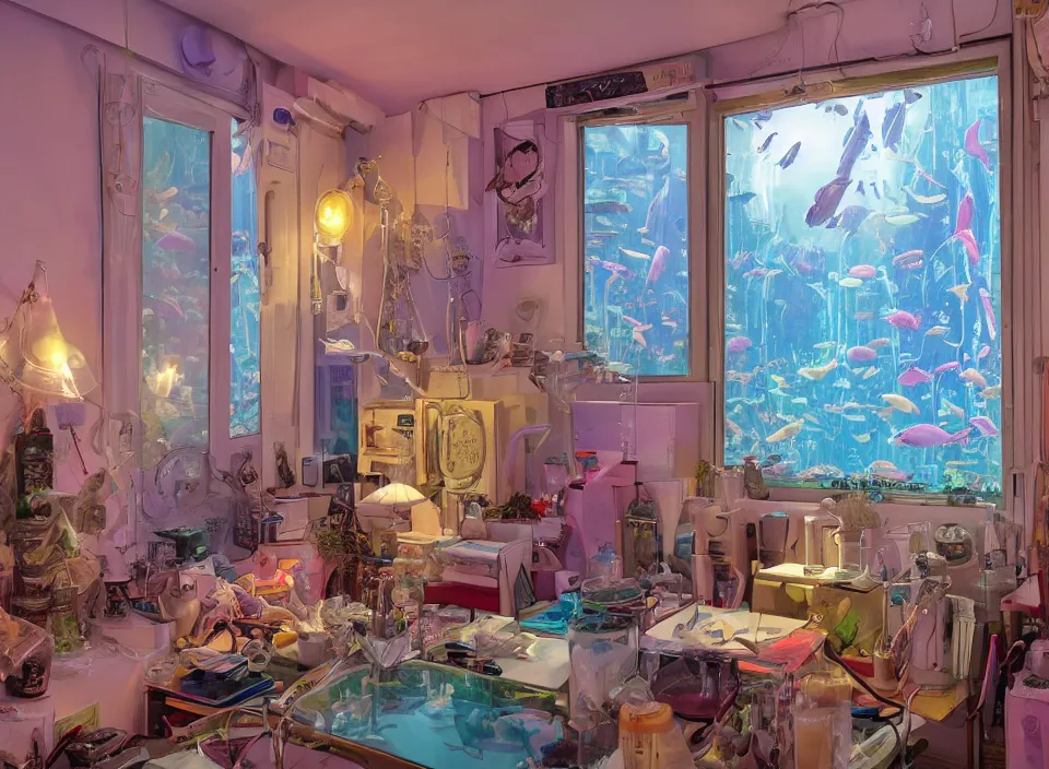 Image similar to telephoto 7 0 mm f / 2. 8 iso 2 0 0 photograph depicting the feeling of chrysalism in a cosy cluttered french sci - fi ( art nouveau ) cyberpunk apartment in a pastel dreamstate art cinema style. ( aquarium, computer screens, window ( city ), leds, lamp, ( ( ( aquarium bed ) ) ) ), ambient light.