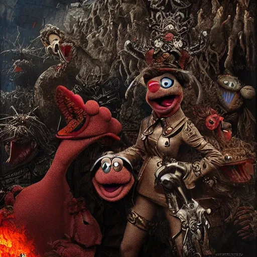 Image similar to muppets in dante's inferno with trumpeters and demons, intricate detail, royo, vallejo, frazetta, giger, whealan, hd, unreal engine,