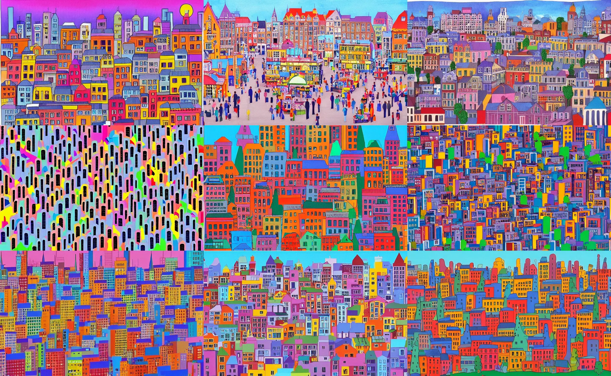 Prompt: city town with lots of people by martin handford, nice colors