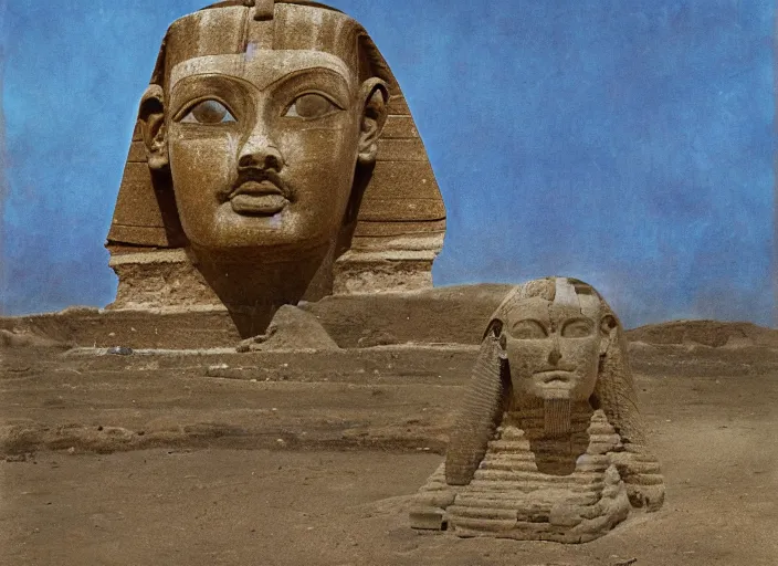 Prompt: gustave moreau painting of kelsey grammer's face and big forehead head on a sphinx body, egyptology, ancient aliens, grainy cinestill film landscape photo, blender, monument, 8 k