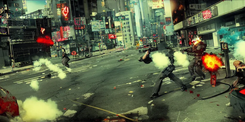 Image similar to 1991 Video Game Screenshot, Anime Neo-tokyo Cyborg bank robbers vs police shootout, bags of money, Police officer hit, Bullet Holes and Blood Splatter, Hostages, Smoke Grenade, Sniper, Chaotic, Cyberpunk, Anime VFX, Machine Gun Fire, Violent, Action, Fire fight, FLCL, Free-fire, Highly Detailed, 8k :4 by Katsuhiro Otomo + Studio Gainax + Arc System Works : 8