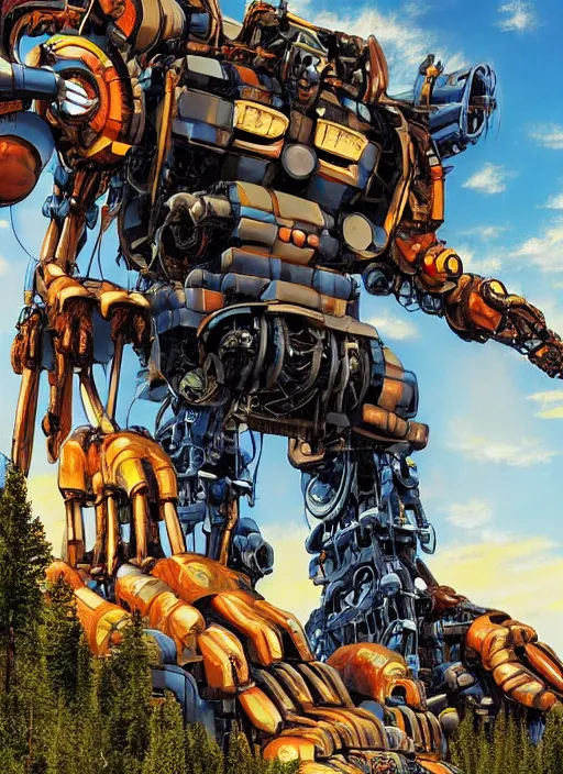 Image similar to realistic physically based rendering of a giant mechanical robot at yellowstone national park by jack kirby and simon bisley, epic, awesome trendy color palette, cinematic