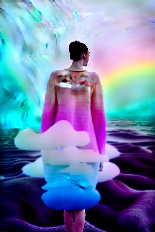 Image similar to high quality pastel coloured film close up wide angle photograph of a model wearing clothing swimming on cloud furniture in a icelandic black rock!! environment in a partially haze filled dreamstate world. three point light, rainbow. photographic production. art directed. pastel colours. volumetric clouds. pastel gradient overlay. waves glitch artefacts. extreme facial clarity. 8 k. filmic.