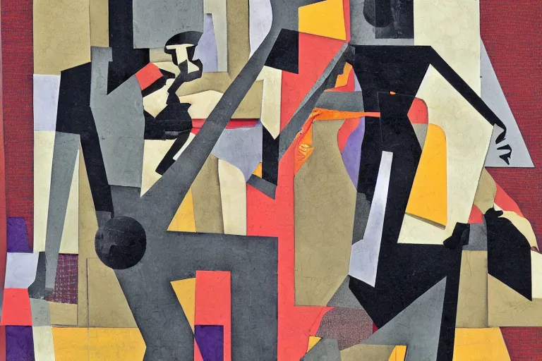 Image similar to Two still figures facing camera, they are fighting very angry, Chaotic, glitch art aesthetic, paper collage, style of Juan Gris, abstract