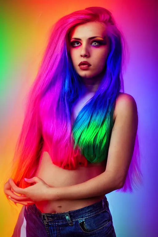 Image similar to a award winning half body portrait photograph of a beautiful woman with stunning eyes in a croptop and cargo pants with rainbow colored hair, routlined by whirling illuminated neon lines, outrun, vaporware