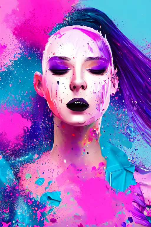 Prompt: a award winning half body portrait of a beautiful woman in a croptop and cargo pants with ombre purple pink teal hairstyle with head in motion and hair flying, paint splashes, splatter, outrun, vaporware, shaded flat illustration, digital art, trending on artstation, highly detailed, fine detail, intricate